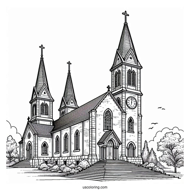 Exterior Of A Big Protestant Church Coloring Page With Clock Towers