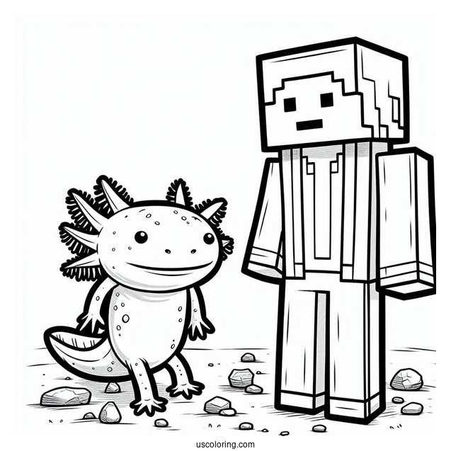 Axolotl Coloring Page Standing Beside Minecraft Steve