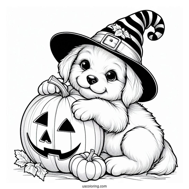 Adorable Puppy Wearing A Witch Hat While Hugging A Pumpkin Coloring Page