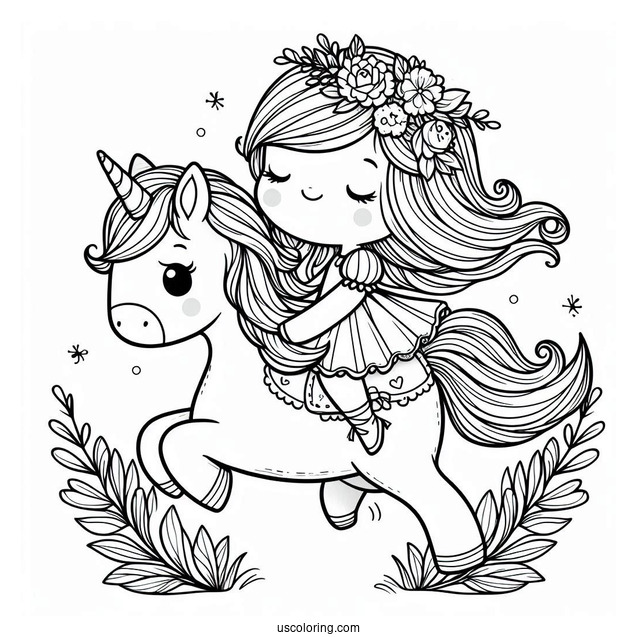 Cute Coloring Page Little Girl Riding A Unicorn