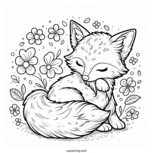Fluffy Fox Coloring Page With Petals In Background