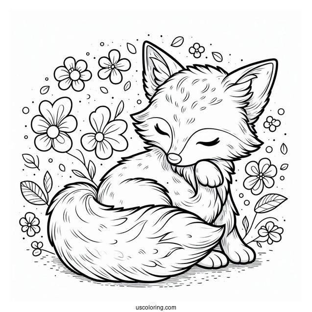 Fluffy Fox Coloring Page With Petals In Background