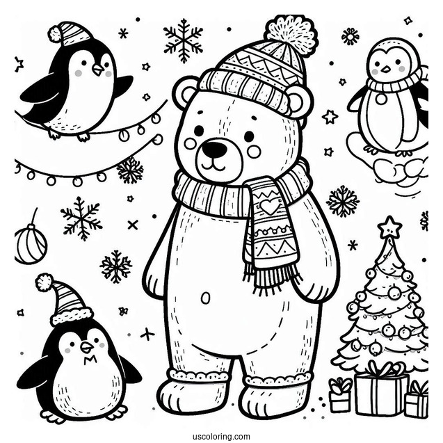 Coloring Page Of Cartoon Polar Bear With Penguins On Christmas