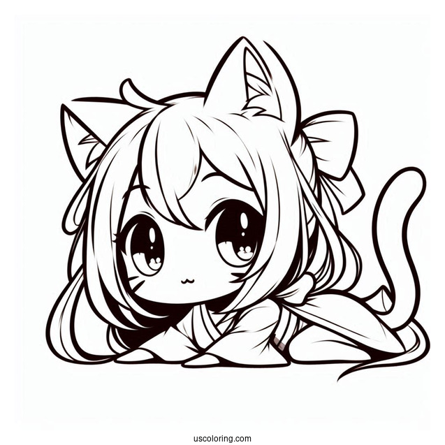 Cute Nezuko Coloring Page With Cat Ears And Tail