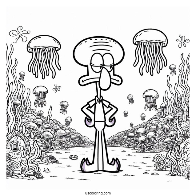Squidward Coloring Page With Arms On Waist In Front Of Jelly Fields