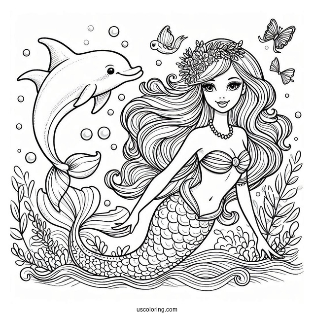 Mermaid Barbie Swimming With Dolphin To Color