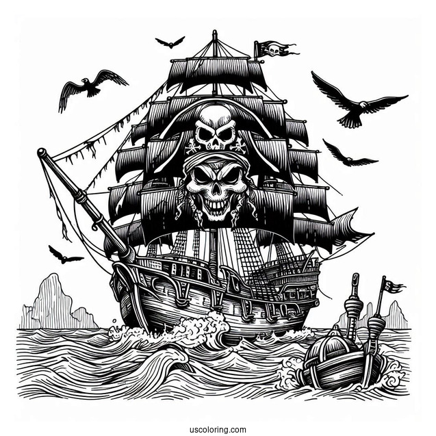 Scary Pirate In Front Of A Sailing Pirate Ship Coloring Page