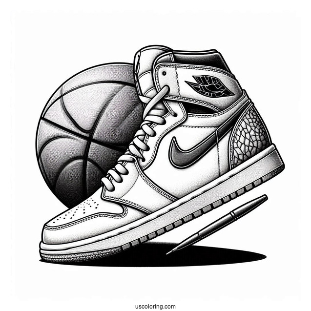 Nike Coloring Page Of Realistic Air Jordan With Basketball In Background