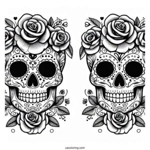 Easy Sugar Skulls Coloring Page Design With Roses On The Head