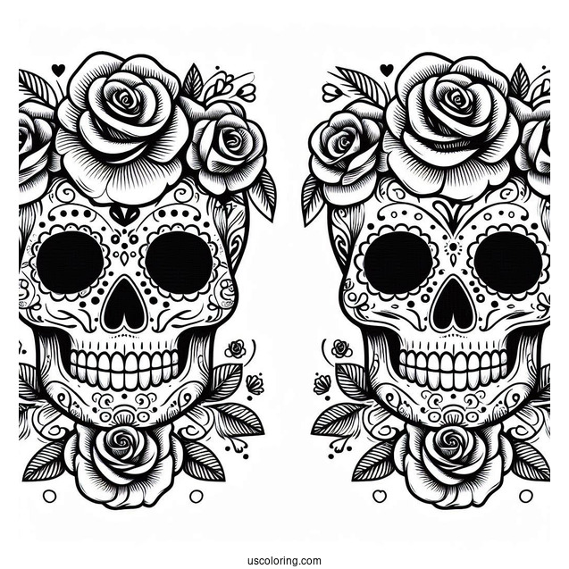 Easy Sugar Skulls Coloring Page Design With Roses On The Head