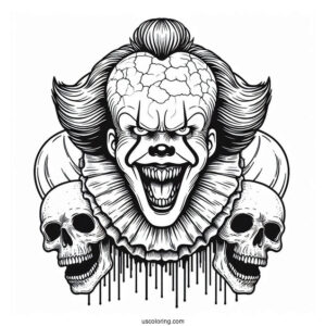 Laughing Pennywise With Skulls In Front Of A Haunted House