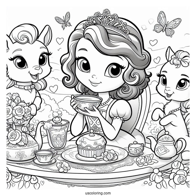 Sofia The First Coloring Pages Tea Party With Clover, Whatnaught, Griffin, And Mia
