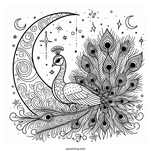 Peacock Coloring Page at Night with Crescent Moon and Stars