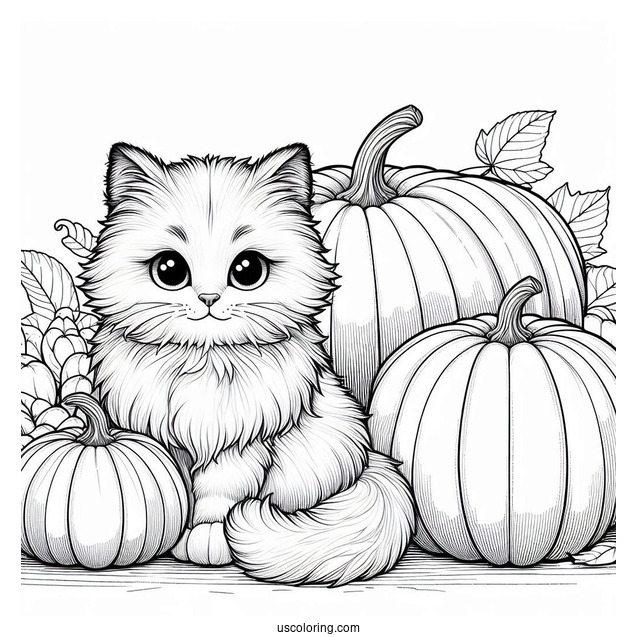 Furry Cat Sitting Next To Pumpkins Coloring Page