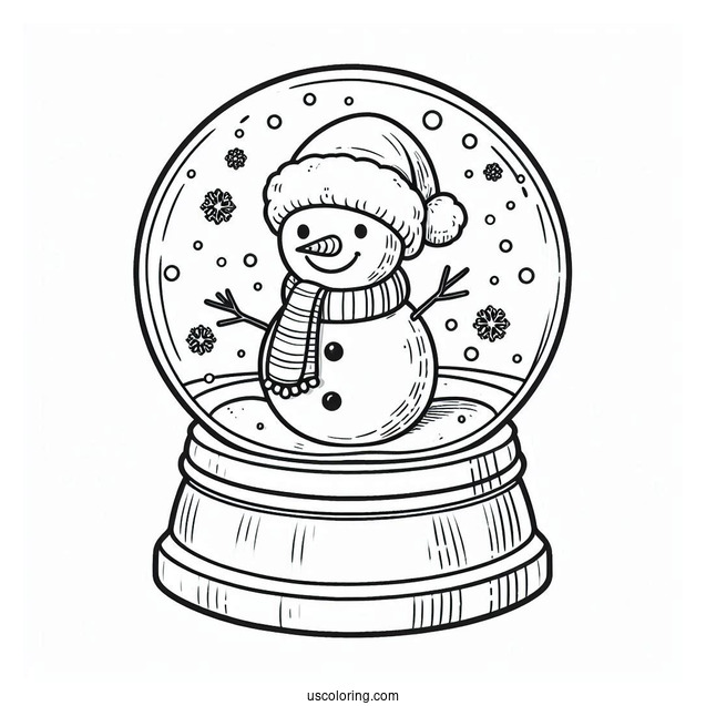 Snow Globe Coloring Page With A Snowman Wearing A Santa Hat