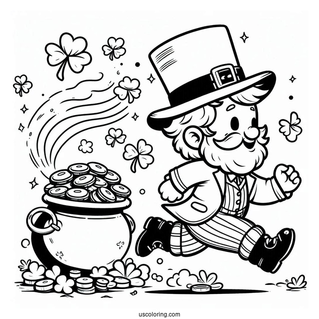 St. Patrick's Day Coloring Page Leprechaun Running Away With A Pot Of Gold