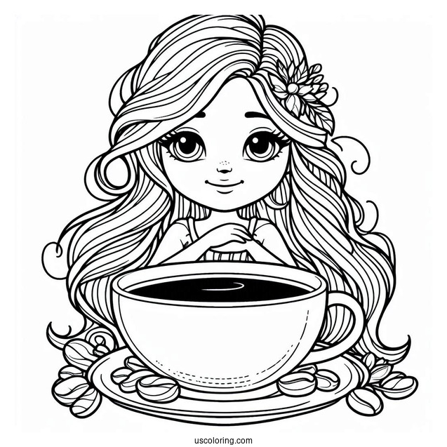 Coffee Coloring Pages Of Cartoon Woman On The Rim Of Coffee Cup