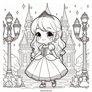 Chibi Cinderella Standing Outside The Castle With Lamps Coloring Sheet For Kids