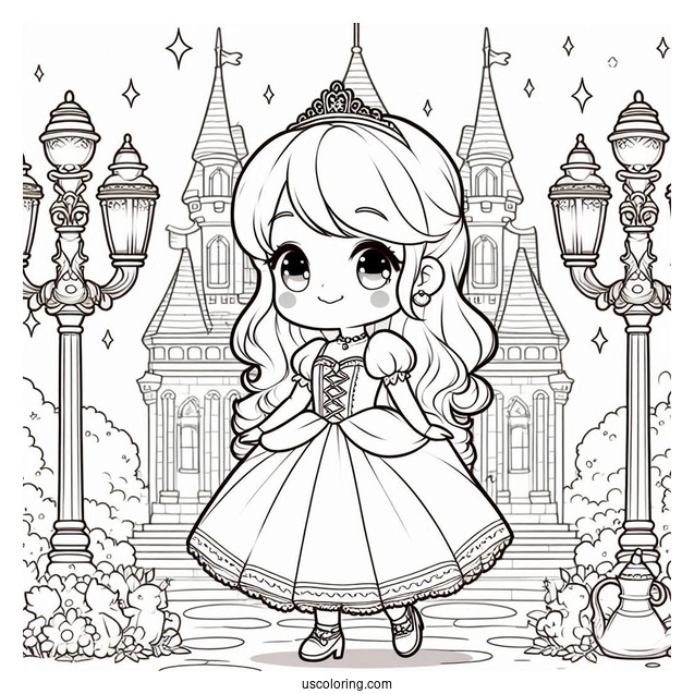 Chibi Cinderella Standing Outside The Castle With Lamps Coloring Sheet For Kids