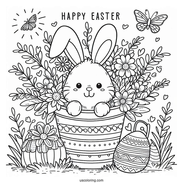 Easter Coloring Page Of Happy Easter With Bunny In A Flower Pot