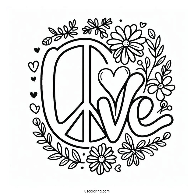 Love Word With Peace Coloring Page Sign And Flowers