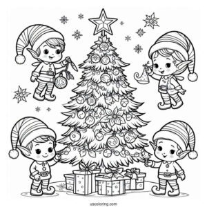 Christmas Tree With Elves Coloring Page