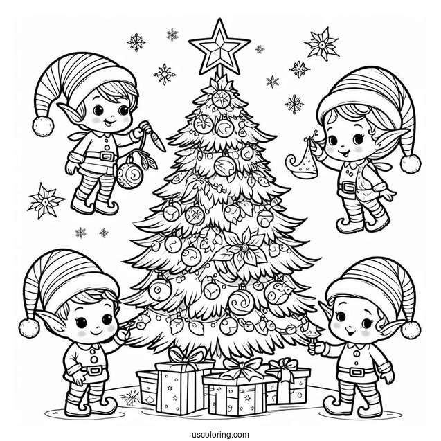 Christmas Tree With Elves Coloring Page