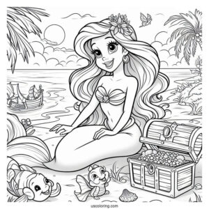 Palace Pets Coloring Page Of Ariel At The Beach With Treasure