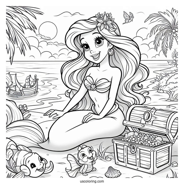 Palace Pets Coloring Page Of Ariel At The Beach With Treasure