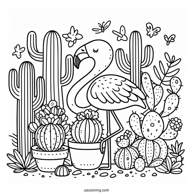Kawaii Cactus And Flamingo To Color