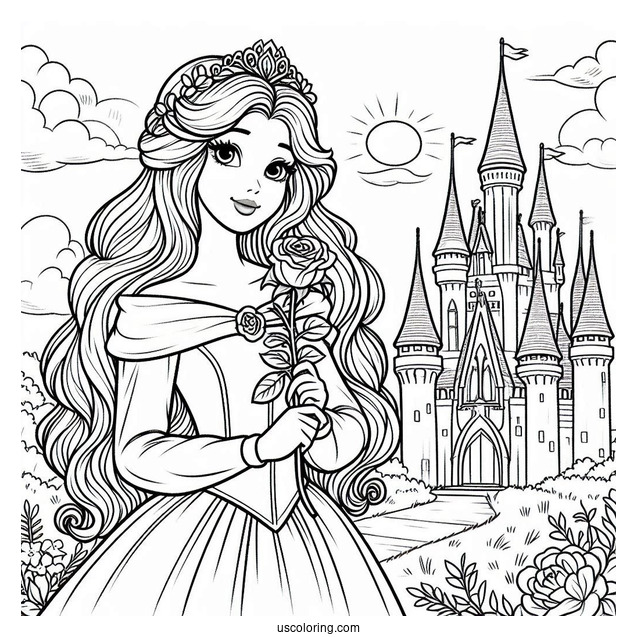 Princess Coloring Page Of Aurora Holding Rose Outside Castle