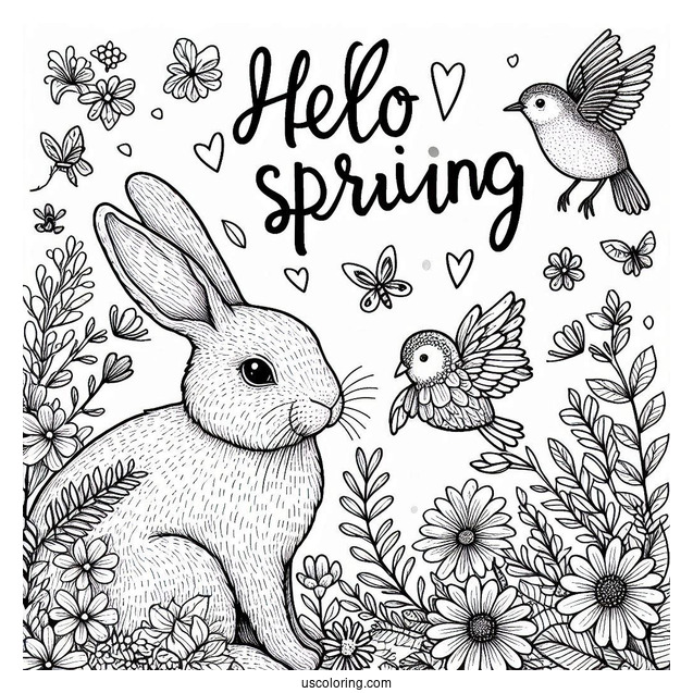 Hello Spring Words Above Rabbit And Bird In Spring Coloring Page