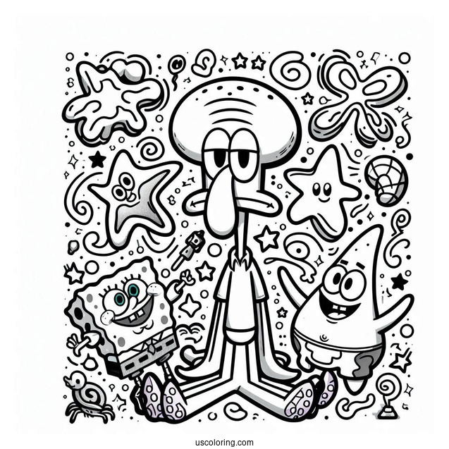 Detailed Squidward Coloring Page With SpongeBob And Patrick Star
