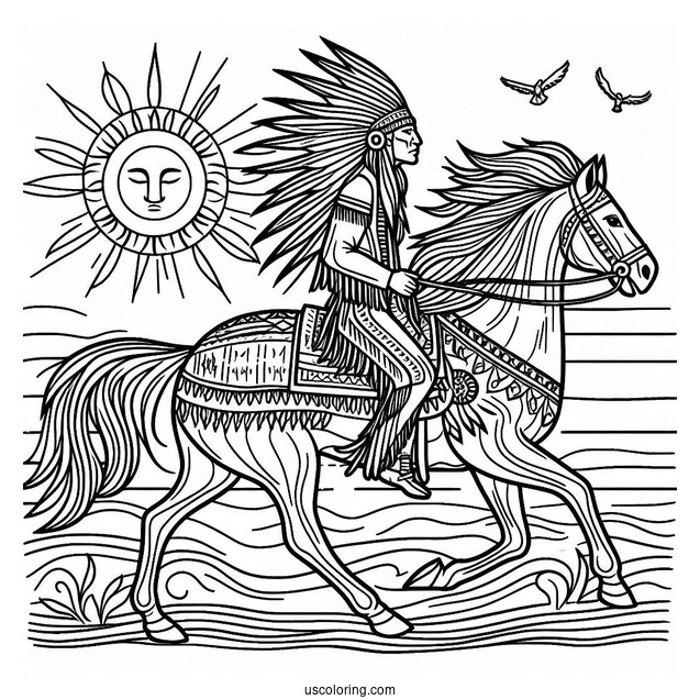 Native American Coloring Page Chief Riding Horse With Sun In The Background