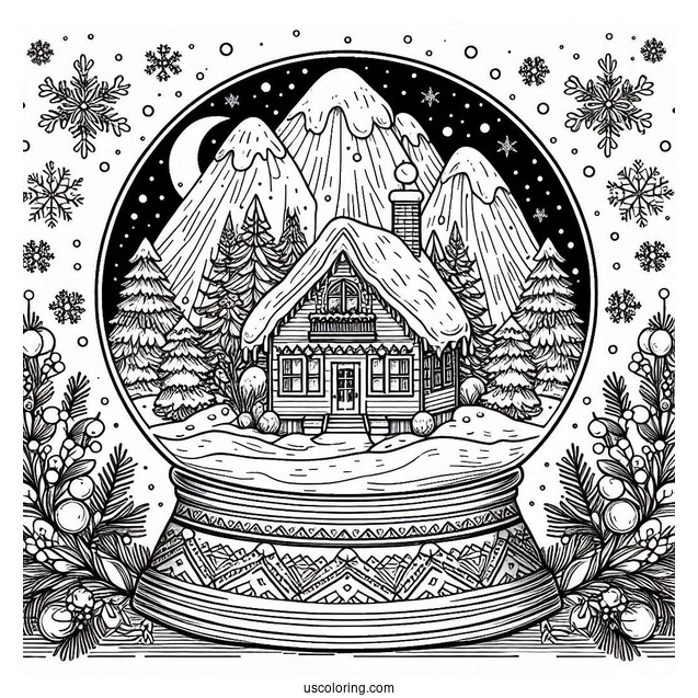 Snow Globe With Cottage In Winter Christmas Mandala Coloring Page