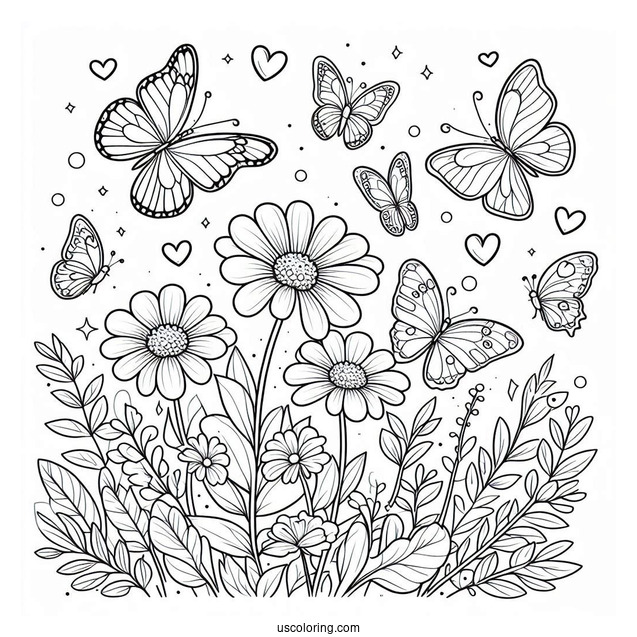 Several Butterflies Enjoying A Flower Field Coloring Page