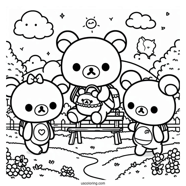 Rilakkuma Coloring Page At The Park With Korilakkuma, Kiiroitori, And Chairoikoguma