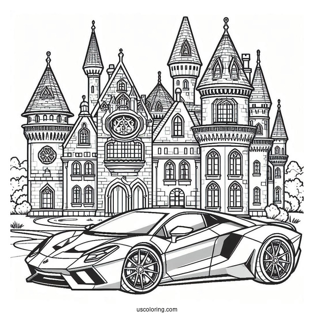 Castle Coloring Page Of Modern Castle With Sports Car