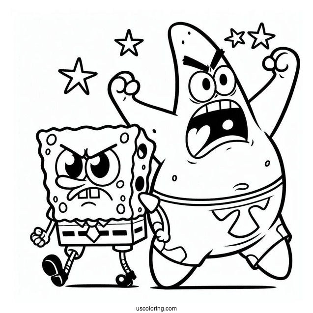 Angry SpongeBob And Patrick Star Coloring Page Marching