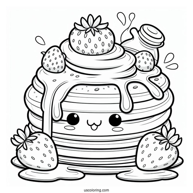 Cartoon Pancake Coloring Page With Overflowing Syrup And Strawberries For Kids