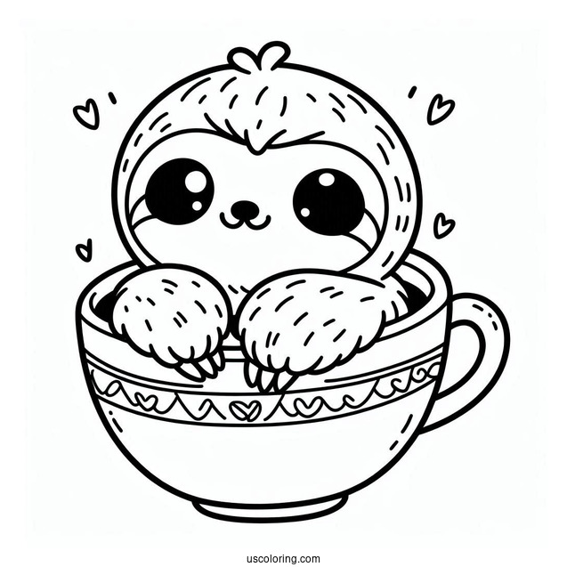 Kawaii Sloth Sitting In Teacup Coloring For Preschoolers