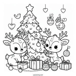 Two Cute Reindeer Decorating Christmas Tree