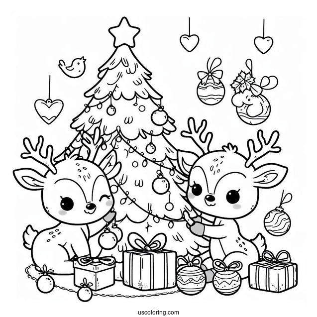 Two Cute Reindeer Decorating Christmas Tree