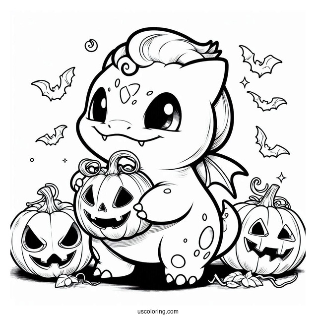 Bulbasaur Coloring Page Carrying Jack O Lantern On Halloween