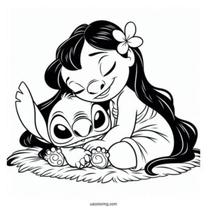 Lilo & Stitch Coloring Page Of Nani Cuddling Stitch