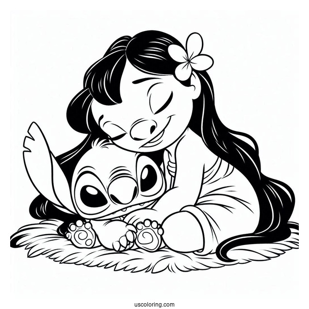 Lilo & Stitch Coloring Page Of Nani Cuddling Stitch