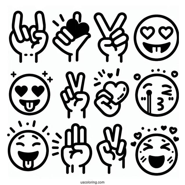 Peace Sign, Winking With Tongue, Heart Eyes, Heart, Raising Hands, Party Popper, Loudly Crying, Hundred Points, Folded Hands, Blow a Kiss, Flexed Biceps, Dizzy Face Emoji Coloring Page