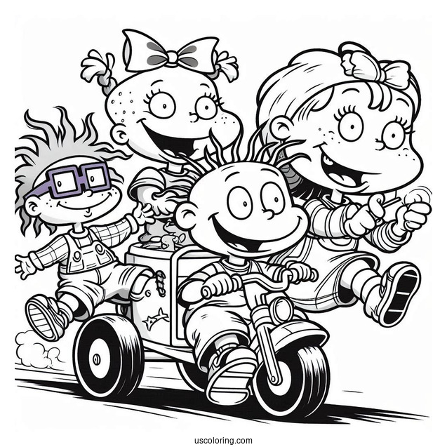 Nickelodeon Coloring Page Of Rugrats Chuckie, Angelica, Lillian And Tommy Riding Machine