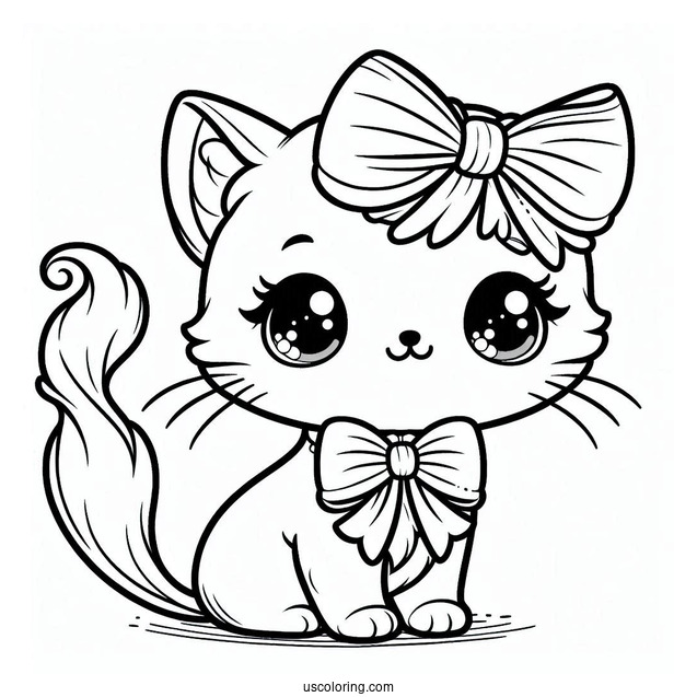 Coloring Page Of Adorable Cartoon Cat With Bow