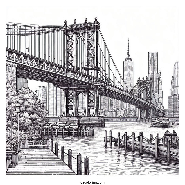 Realistic Manhattan Bridge In New York Coloring Page